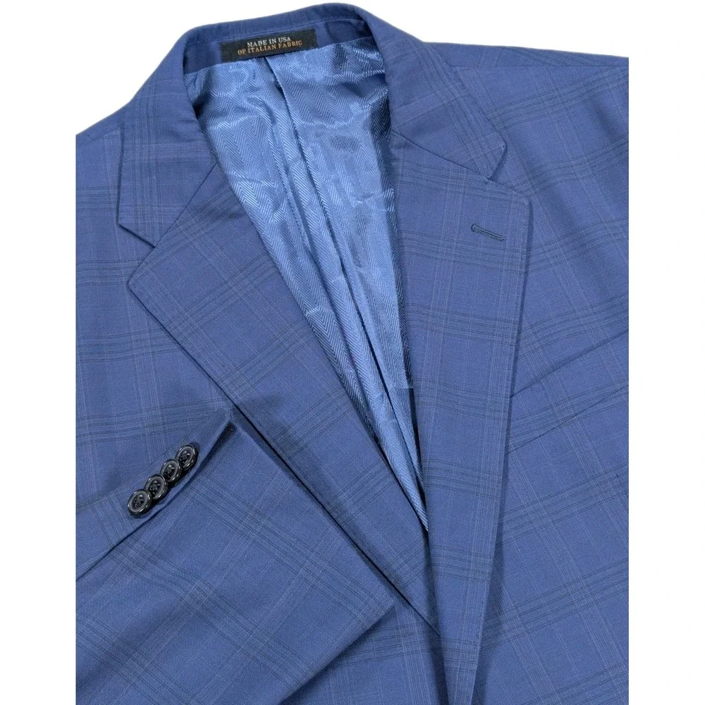 JoS A Bank Reserve Suit Mens 44R Blue Windowpane Glen Plaid Wool Italian Fabric